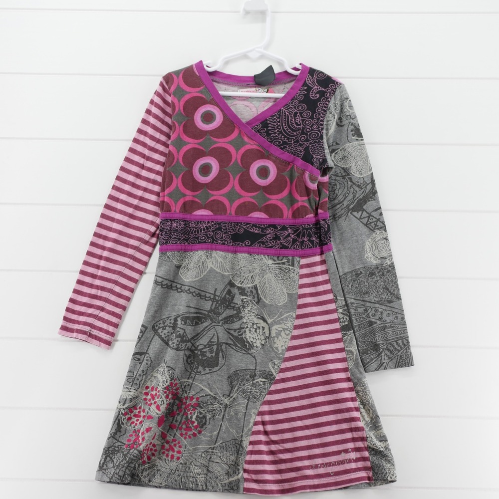 Desigual Girls Mixed Print Patchwork Butterfly Long Sleeve Dress Pink Grey 9/10